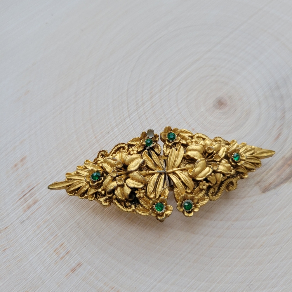 Antique Gold-tone & Green Rhinestone Belt Buckle - Picture 5 of 6